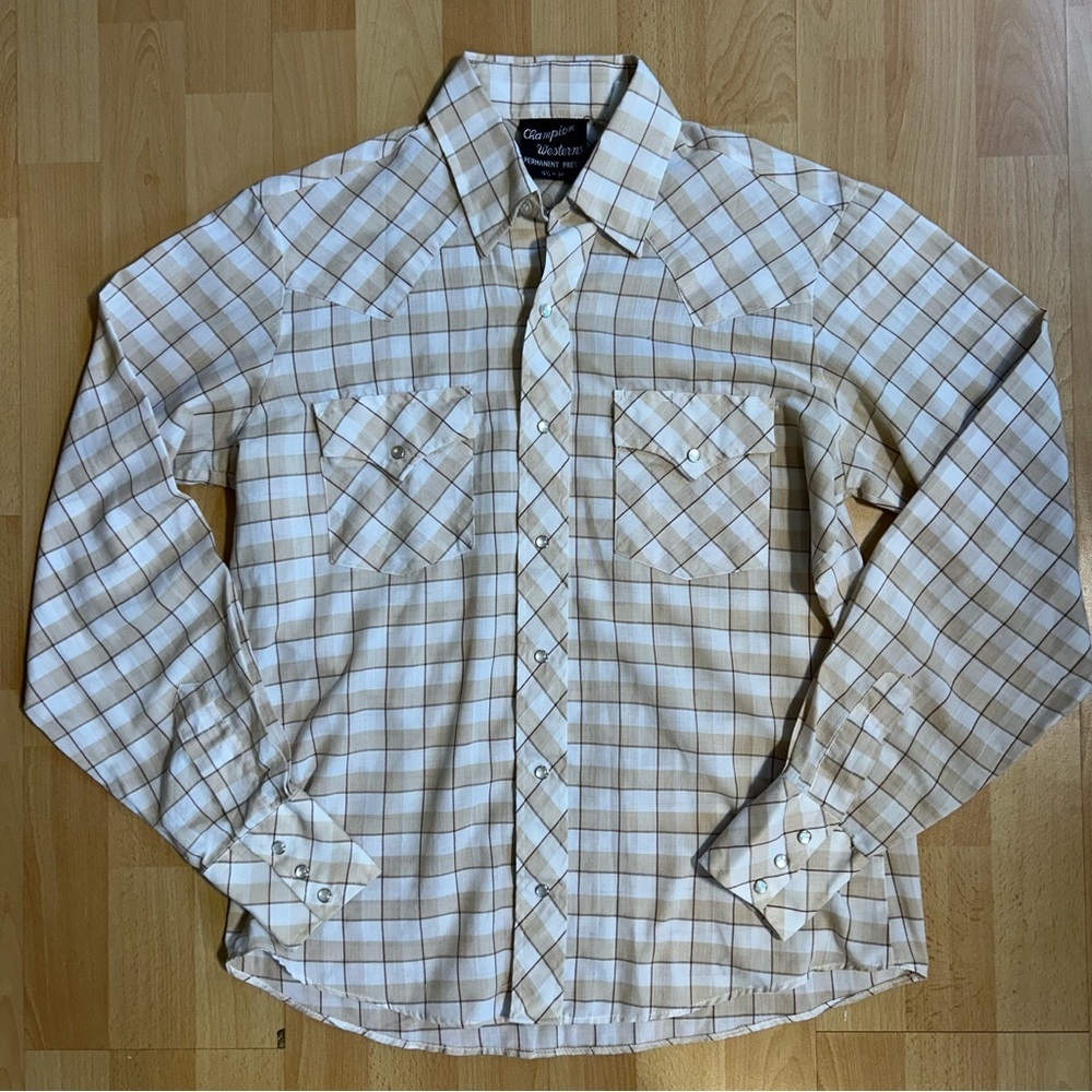 Champion Western Vintage Tan Brown Plaid‎ Pearl Snap Shirt Unisex